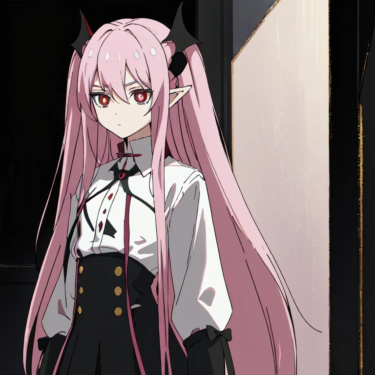 masterpiece,best quality,
(1girl:1.2),ChopioKrul,two side up,pink hair,red eyes,(black pupils,slit pupils:1.1),pointy ears,flat chest,vampire,no headwear,alternate costume,(white shirt:1.4),(contemporary:1.1),
(artistic atmosphere:1.2),(oil painting:1.2),