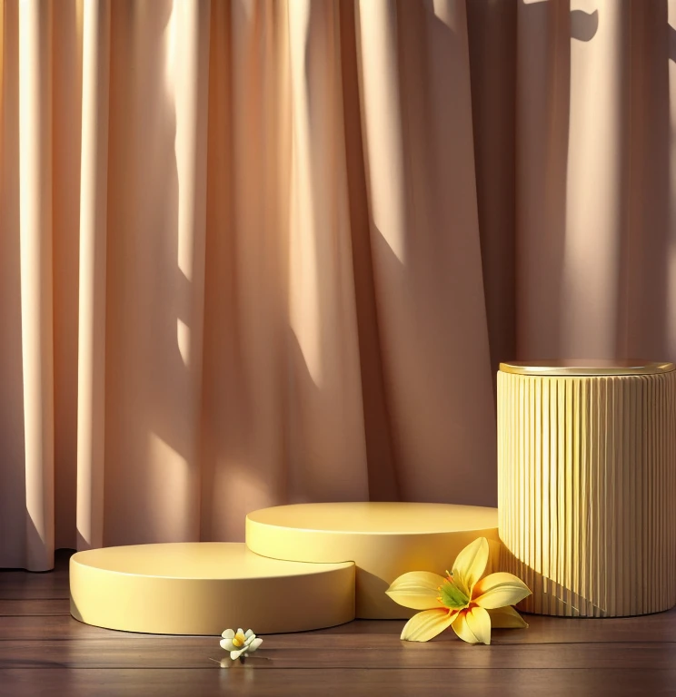 (8k, RAW photo, best quality, masterpiece:1.2),(realistic, photo-realistic:1.37),cosmetics,  flower, bottles, on cylinders,curtains,yellow flower, solo focus,Product Feature,  no humans, smooth