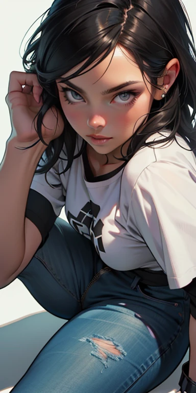 , (beautiful and clear background:1.2),, fantastic paintings ,graffit style, olhos altamente detalhados , a white t-shirt or tatoon stamp , ultra detailed hair, masterpiece, best quality, high quality, highres, detail enhancement, ((most beautiful image in the world)), masterpiece, best quality, high quality, highres, detail enhancement, ((most beautiful image )),with short, shiny black hair, t-shirt, wearing jeans,, art by stjepan sejic, art by j scott campbell, art by guillem march, art by citemer liu, 4k, high resolution, comic book character, comic, high quality detailed, style ::2.0 comix illustration style,tatoon style, high quality, highres, detail enhancement, 8k, hd, best quality, high quality, highres, detail enhancement, 8k, hdr, sharp focus, ultra detailed, perfect lighting
