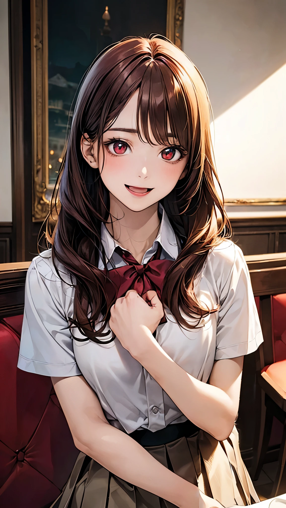 (masterpiece:1.2, top-quality), (realistic, photorealistic:1.4), beautiful illustration, (natural side lighting, movie lighting), nsfw,
looking at viewer, (face focus, upper body), 1 girl, japanese, high school girl, perfect face, cute and symmetrical face, shiny skin,
(long hair:1.5, one side up, sandy beige hair), swept bangs, dark red eyes, glowing eyes, big eyes, drooping eyes, long eye lasher, (medium breasts), slender, dark red hair ribbon,
beautiful hair, beautiful face, beautiful detailed eyes, beautiful clavicle, beautiful body, beautiful chest, beautiful thigh, beautiful legs, beautiful fingers,
((white collared shirts, grey pleated mini skirt), dark red bow tie),
(beautiful scenery), evening, (dining room:1.5), standing, {hands between legs | hands on chest}, (lovely smile, open mouth small),