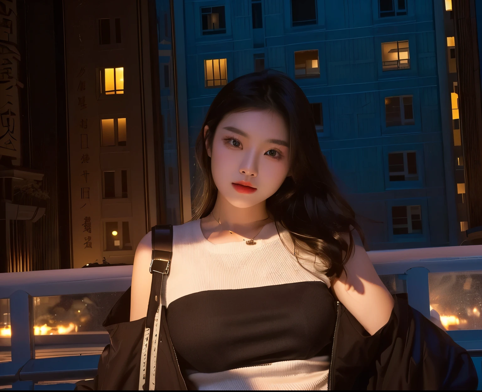 best quailty,tmasterpiece,super high-RES,(true to life:1.4),1girlhugebreasts,oral y,(Open black coat),(Red bandeau top:1.5),Red bandeau top,(Black pantsuit),(Night atmosphere:1.5), Glowing skin,detailed eye, 二重まぶた,length hair,fair white skin,Sitting charmingly on a tall building, Long thin legs