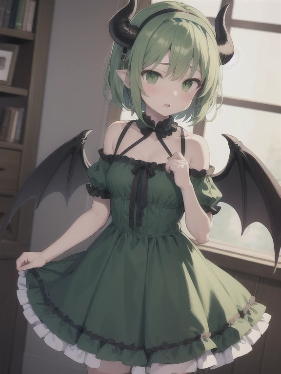 PADastaroth, wings, green hair, hairband, short hair, dress, frills, green eyes, green dress, demon horns, standing 、High chroma、