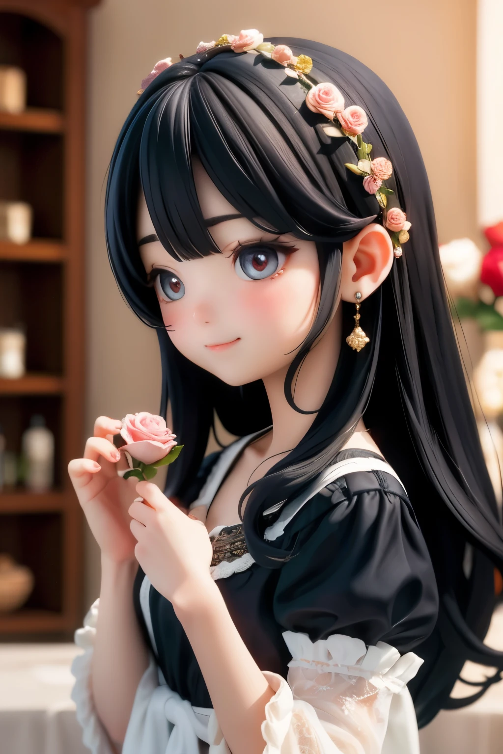 A little  smelling the scent of roses、Jewel-like eyes、smile、Shoot from the side、Black Hair
