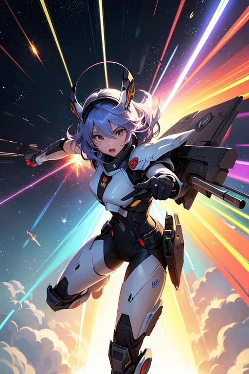(((highest quality、first-clasasterpiece、Normal body、8k、Detailed face、Ultra-precision、Normal hand、Normal finger、5Finger、)))Brightly colored hair、Rainbow Hair、Rainbow Mechanical Angel、Large rainbow mechanical wings、Large booster、Large rainbow thruster、Visor Helmet、Thought-guided remote-controlled weapon、Funnel、Bit Weapon、Full Armor、Beam rifle、Shoots rainbow beams、Running through space、Full boost、Beam Sword、Fighting space monsters、Variable Beam Launcher、multi missile、Mega Beam Cannon、In combat、Dogfight、High Maneuver、Space War、fleet battle、Destroy enemy ships、High mega particle cannon firing、ultimate weapon、Multi-warhead missiles、Full burst、All-at-once sweep、Breaking the Limits、critical point breakthrough、Charged particle cannon、Meteors、Lightning Kick、