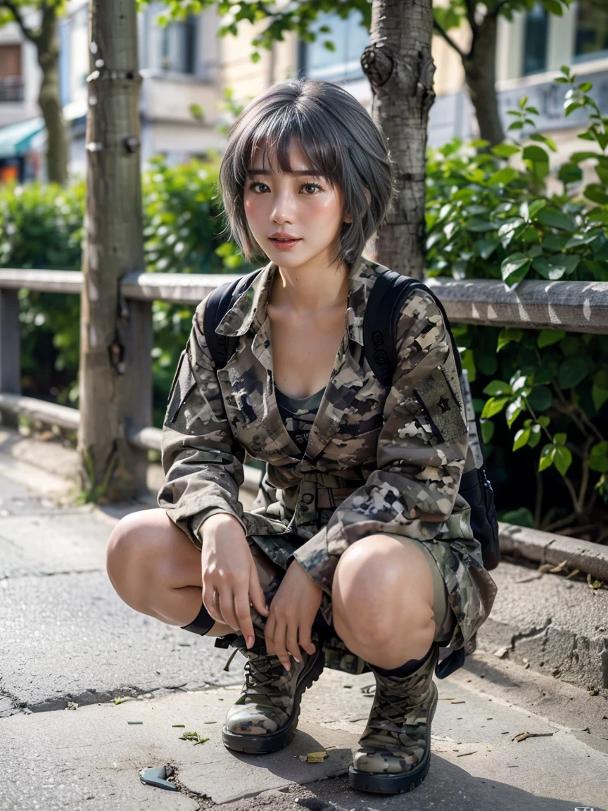 (1 lady), (Best quality at best:1.4), (ultra - detailed), (extremely detailed CG unified 16k), A Beautiful Woman with Perfect Figure: 1.4, Sharp Focus: 1.2, very detailed, High-definition RAW color photo, professional photoshooting, amazing face and eyes, cosmetics, (amazingly beautiful girl), ((yuki)), ((grays woodland camo bdu shirt, pixelated gray combat boots camo pattern, grays woodland camo skirt to her knees)), standing, sexyposture,(Stylish urban landscape, day light), (look from down), realistic cinematic face, head to feet long wide zoomed out view, full body long view, photorealistic, ((realistic natural grayish purple hair style, yellowish eyes)), gorgeous, extremely beautiful face, perfect model beauty, pout mouth, Highly Detailed Face and Skin Texture, Detailed Eyes, Double Eyelids, Big Breasts, inexpressive face, cleavages, western, (masterpiece), best quality, high resolution, extremely detailed, blurred background, depth of field, cinematic lighting, amazing legs, clear and well-cared skin