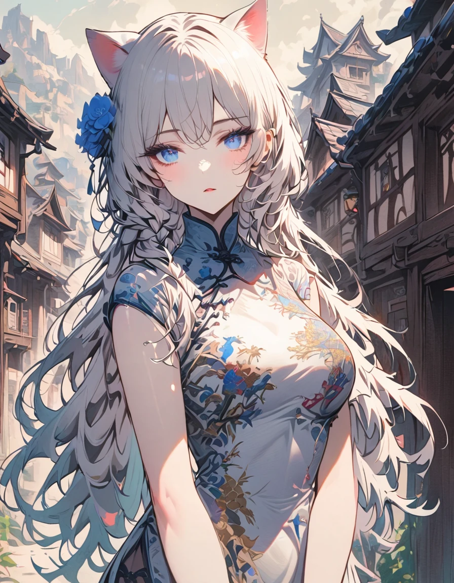 SFW, masterpeice, highres, 1 Girl, solo, looking at the viewer, white long hair, cat ears, blue pupils, detailed eyes, detailed face, White short dress, village, mountains in the background