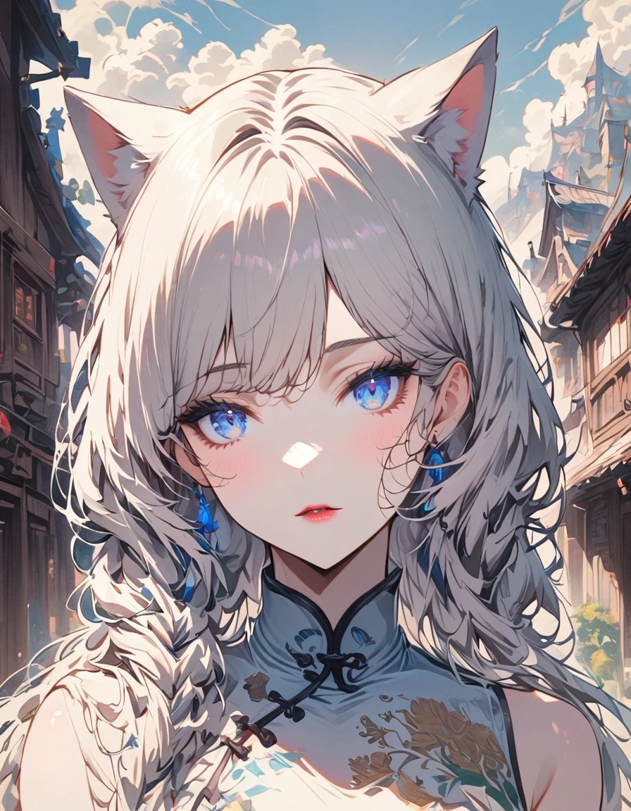 SFW, masterpeice, highres, 1 Girl, solo, looking at the viewer, white long hair, cat ears, blue pupils, detailed eyes, detailed face, White short dress, village, mountains in the background