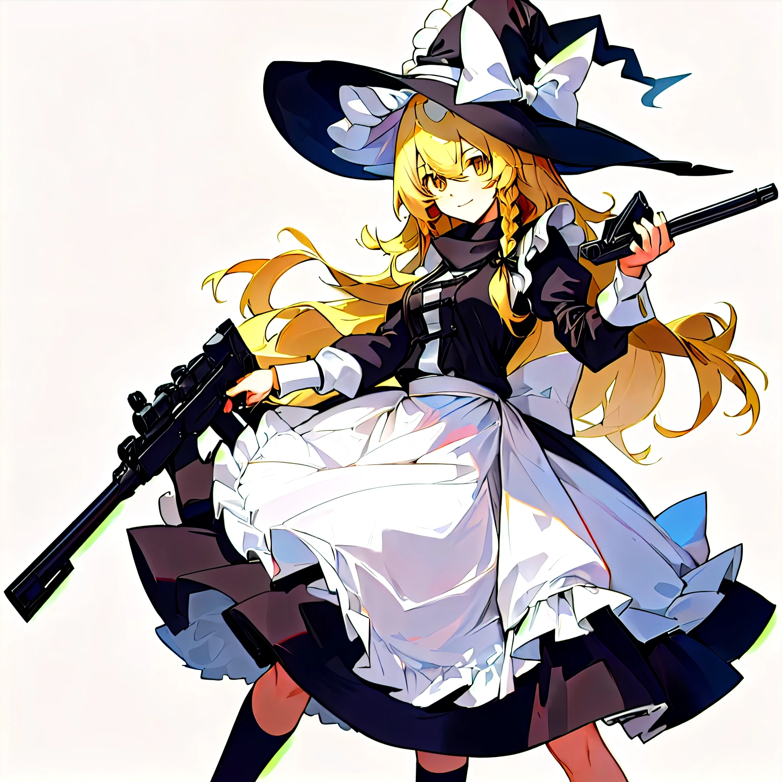 Anime girl wearing a black and white dress and hat holding a gun, kirisame marisa, Marisa Kirisame, kirisame marisa from East, East character, from East, Maid outfit, Maid, Rorish, In a dress, anime girl in a Maid costume, East, [[[[A very cute smile]]]], Classic witch