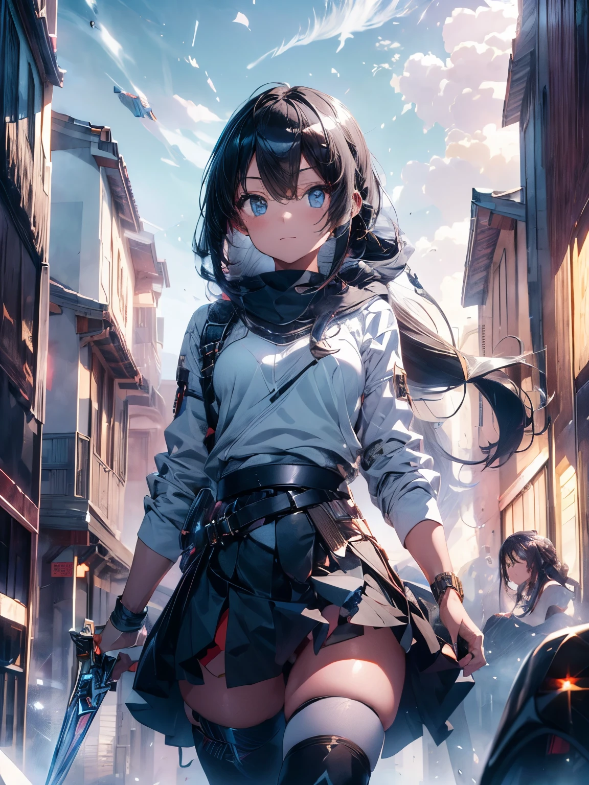 Create Ultra High Definition, Masterpiece quality image with white theme, Featuring a cute anime girl with long black hair in a cool pose, Attack with a high-tech sword. In this scene、A large number of holographic swords appear floating in a circle.。, Each one has countless intricate parts, Set in a predominantly white cyberpunk environment. The scene is enriched with holographic elements and light particles., Emphasizing futuristic and fantastical aesthetics. The image is、Capturing the essence of purity and sophistication with the finest quality and beauty, A super detailed display of a girl and her holographic sword, Super-resolution visuals that highlight the intricate details of a scene.