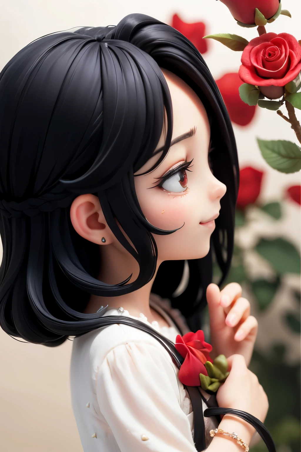 A little  smelling the scent of roses、Jewel-like eyes、smile、Shoot from the side、Black Hair
