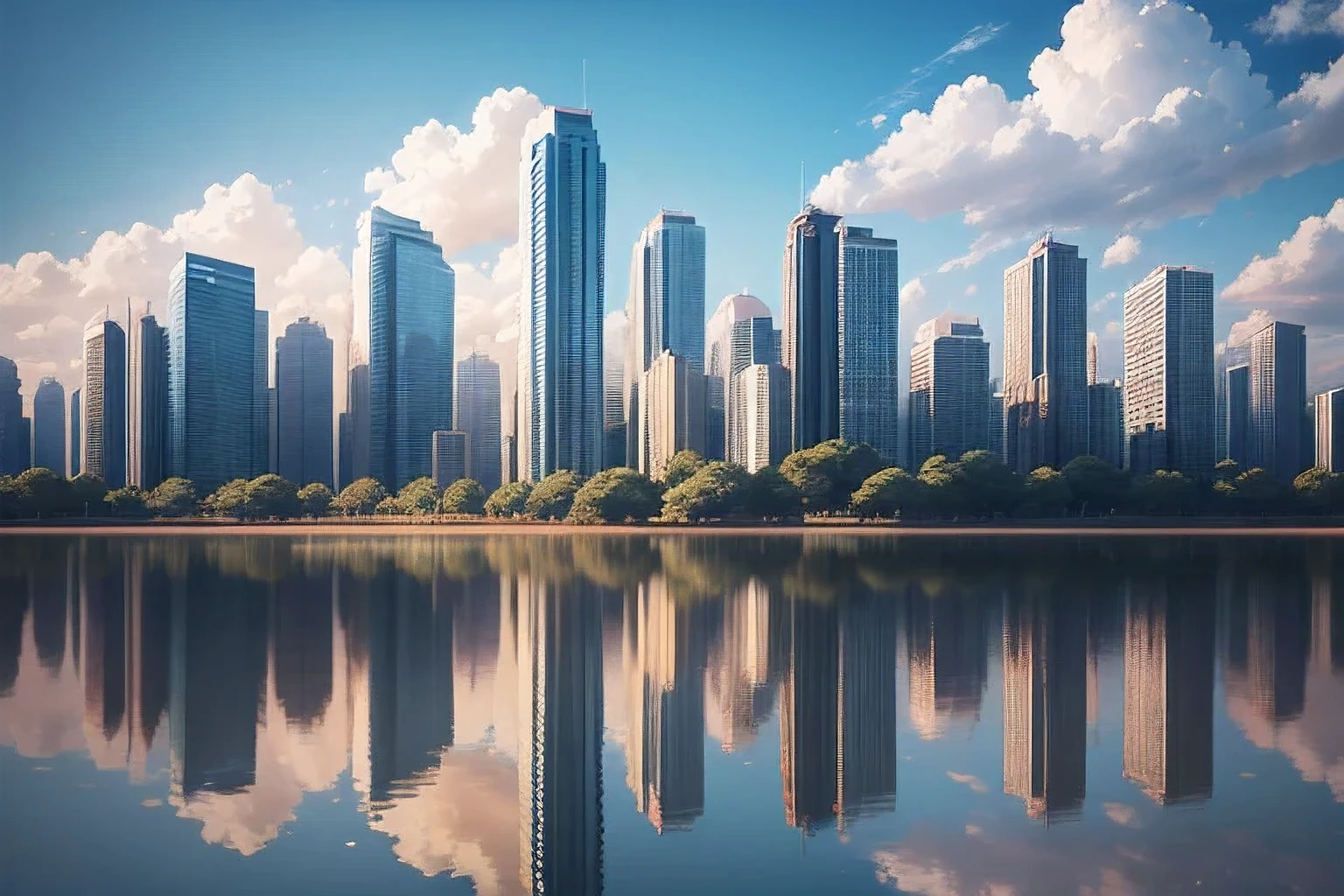 4K Real Image、Silhouettes of buildings reflected under a clear blue sky、