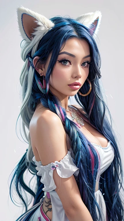 Masterpiece, Best Quality, High Resolution, (White Background: 1.4), [Glitter], [Looking at the Viewer, Portrait, 1 Sweet Chinese Girl], (Long Hair, Blue Hair, Wavy Curls, Multicolored Twisted Big Braid: 1.3, Furry Fox Ears, Air Bangs), White Off-the-Shoulder Short Sleeves, Delicate Facial Features, Pink Lips, Earrings, Necklace