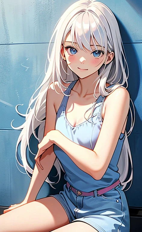 (masterpiece:1.4、top-quality、illustration:,realistic、)、(character focus、,cowboy shot:1.3)、(1girl),(light smile:1.3),(),cute face,blue eyes、(tareme:1.3)、((sitting stretch your legs:1.3),
(),(sitting,lean against the wall:1.4),、
(white hair),(long hair:1.5)、
,(her room:1.3),(Room wear:1.5),
(blunt bangs),(sidelocks:1.3), (small breasts:1.2)、
、slender、