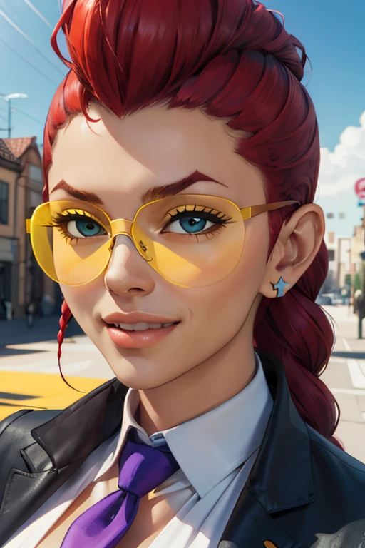 crimvip, red hair,earrings, pompadour, single braid, yellow glasses,cleavage, necktie between breasts, shirt, black jacket, looking at viewer, smiling, portrait,
outside, blue sky, extreme detail, extreme detail, masterpiece,