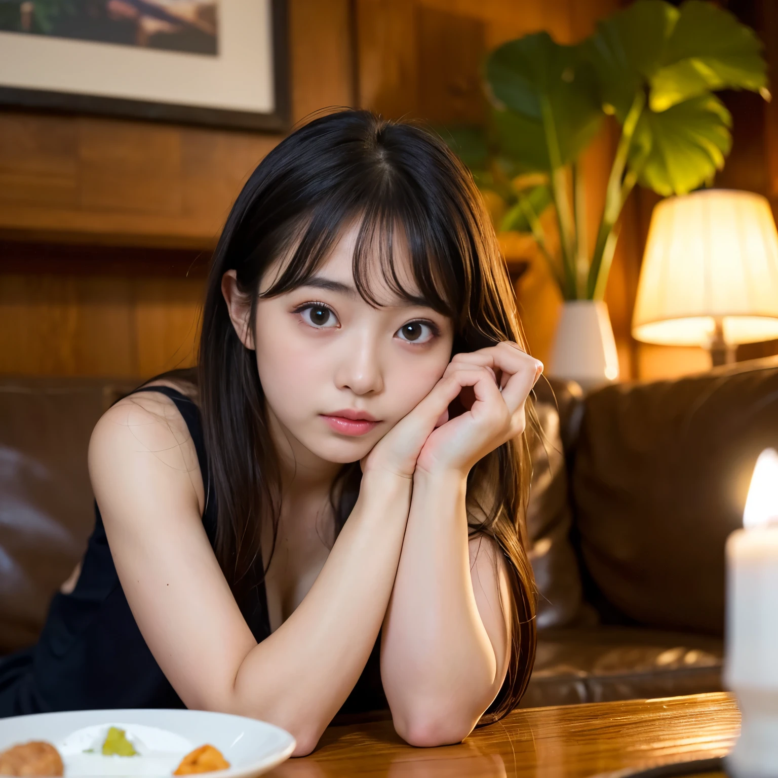 Best-quality, Masterpiece, Ultra-High-Resolution, (Photorealistic:1.4), Raw-Photo, depth of field, professional lighting, perfect anatomy, extremely details, 1girl, 15-years-old, the most famous Japanese idol, at living room, sitting on sofa, (((Ingested cocaines, intoxicated and overflowed))), ((extremely cute drunk-face, ((extremely cute and extremely big drunk-eyes)), extremely beautiful hair, extremely beautiful drunk-skins)), extremely cute lips, extremely cute long-eyelashes