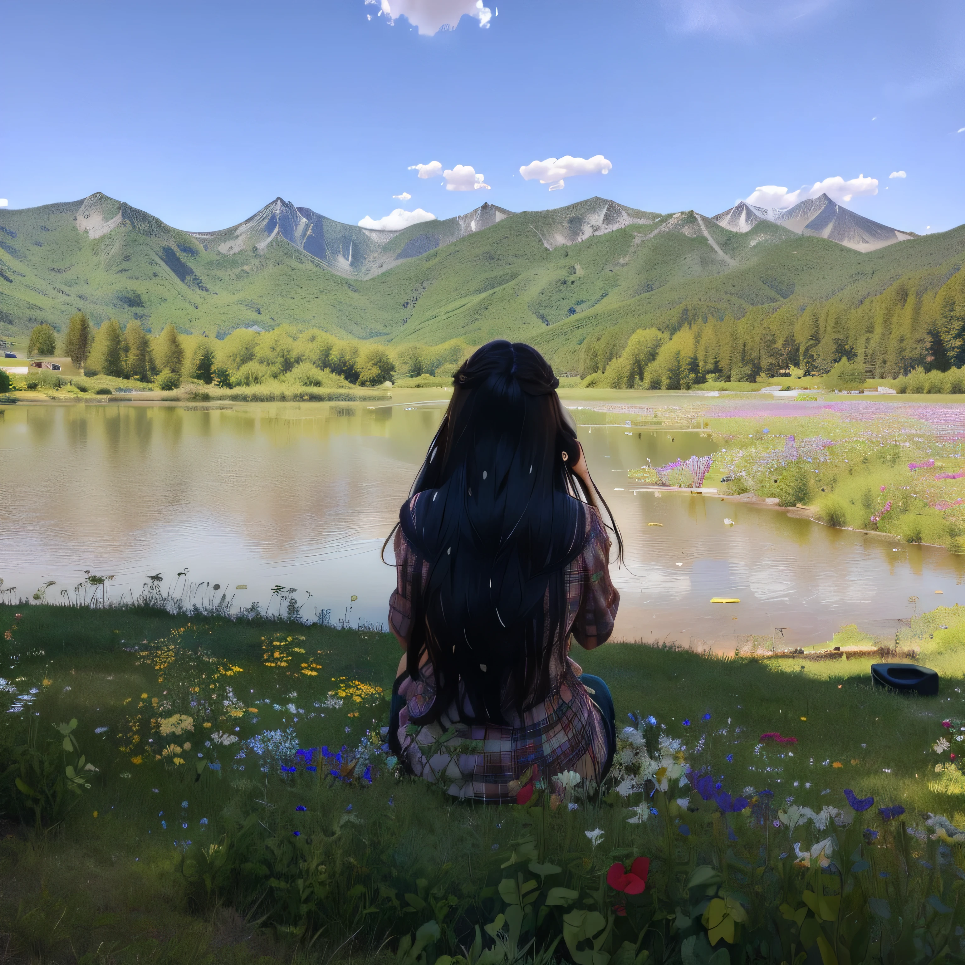 there is a woman sitting on the grass, lots of flowers,multi colour flowers, petunia,,looking at the water, sitting in front of a lake, sitting at a pond, lake in the background, sitting near a river, taken with sony alpha 9, view from back, near a lake, view from the back, hills in the background, looking at the mountains, with long hair, panoramic view of girl