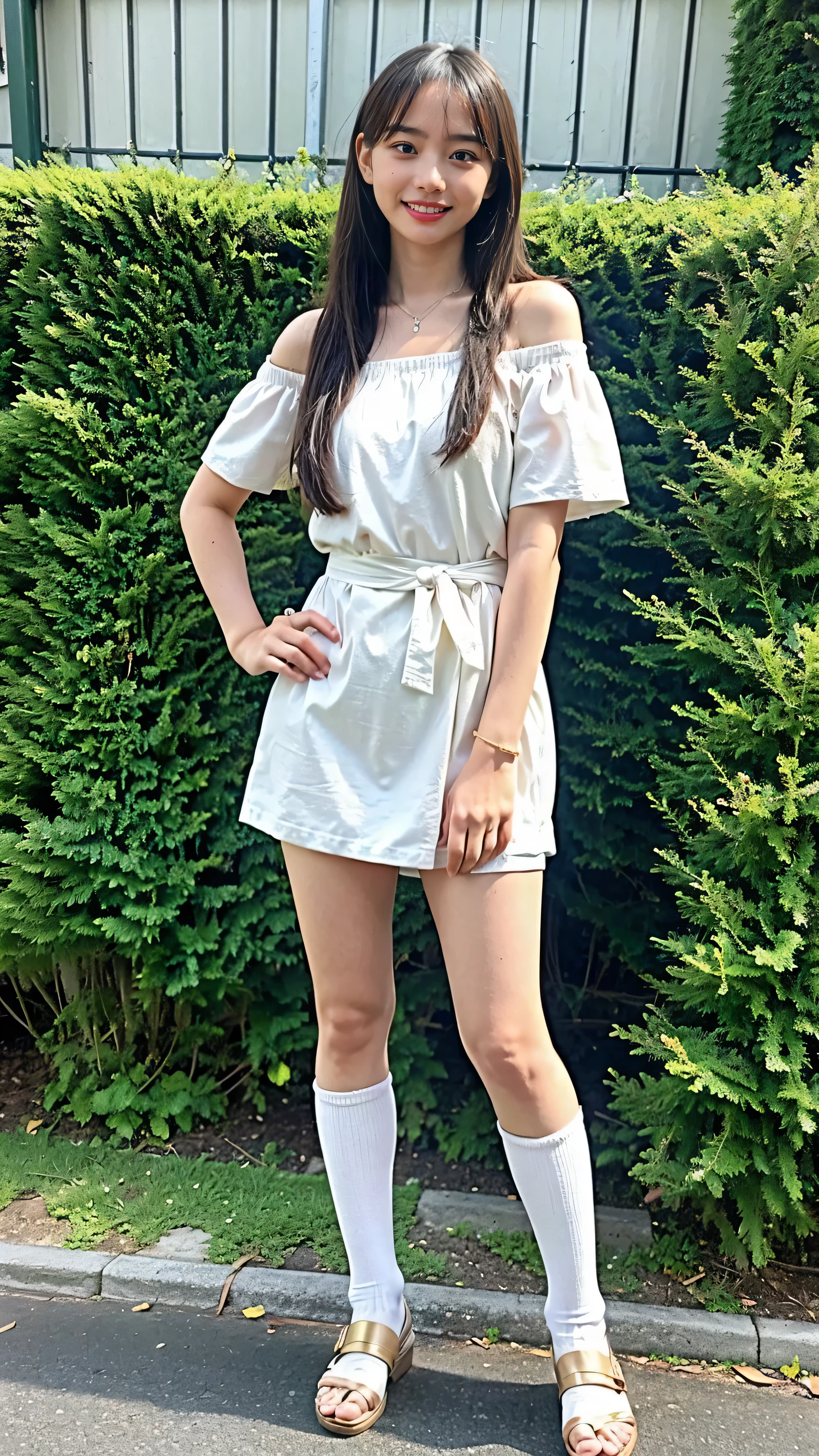 (8k、RAW Photos、highest quality、masterpiece:1.2)、(Realistic、Realistic)、1 girl、((mini skirt、Off the shoulder、See-through、Gold Bracelet、Gold Jewelry、Semi-long hair、smile、Knee socks、Standing with hands on hips))、Lots of eyelashes、Glowing eyelids、skeletally correct