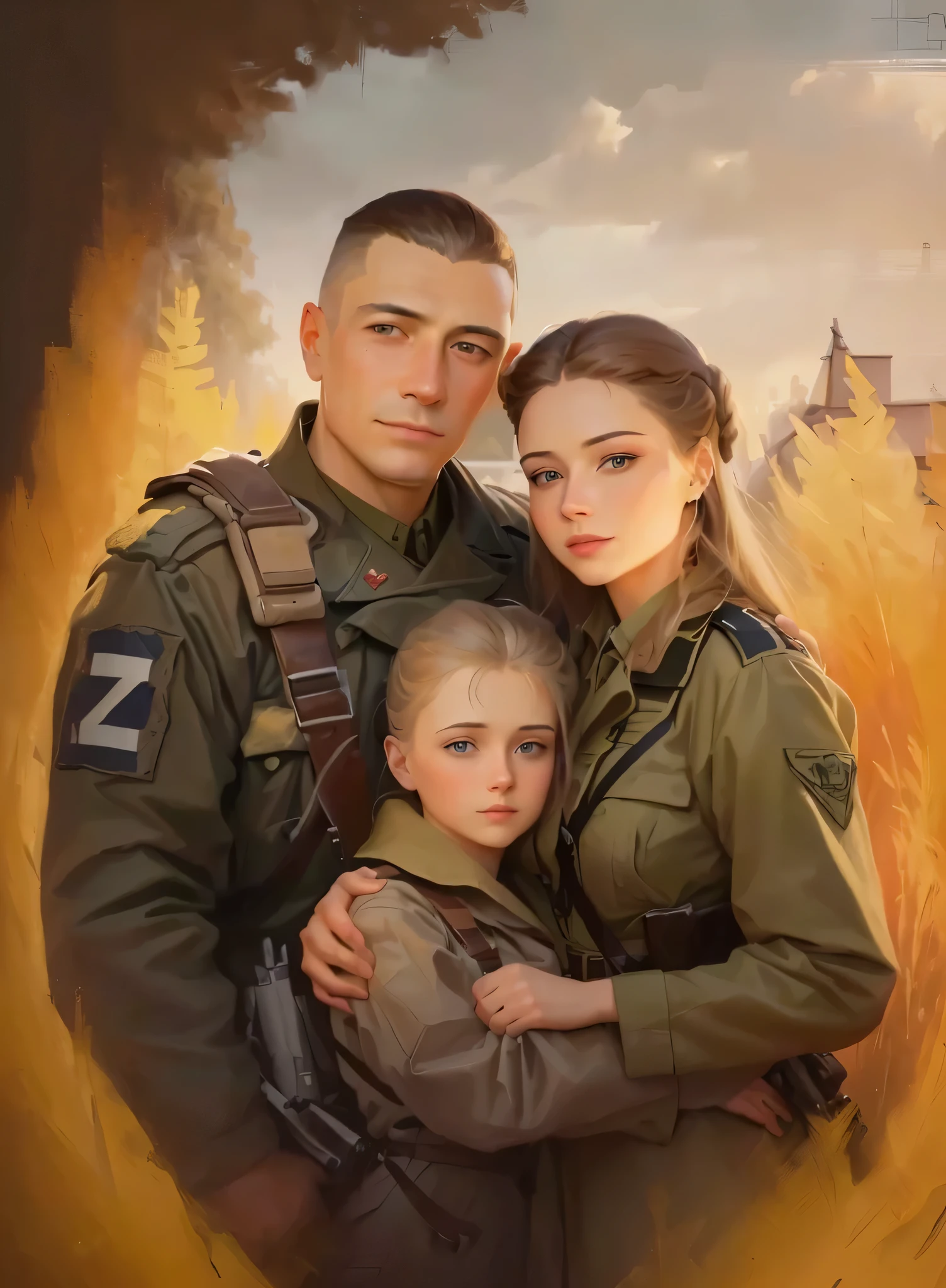 Painting of a man and woman in military clothing, holding in hands , Аэрография Digital oil painting, digital matte painting, digital painting cartoon, Portrait of a family of three, Digital Cartoon Painting, war art, volodymyr zelensky at war, family portrait, Digital oil painting, airbrush digital painting, Digital Fine Art Photography