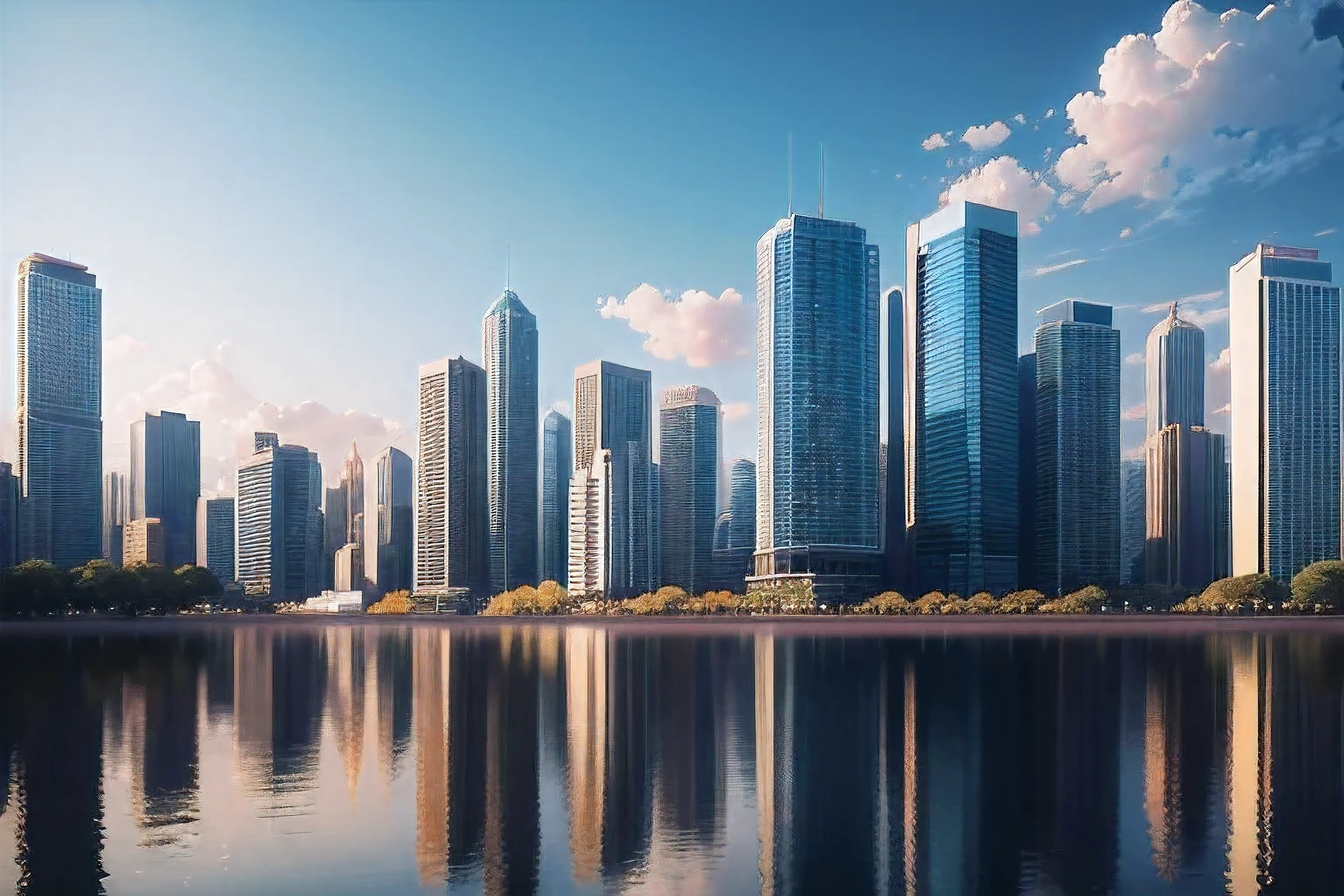 4K Real Image、Silhouettes of buildings reflected under a clear blue sky、