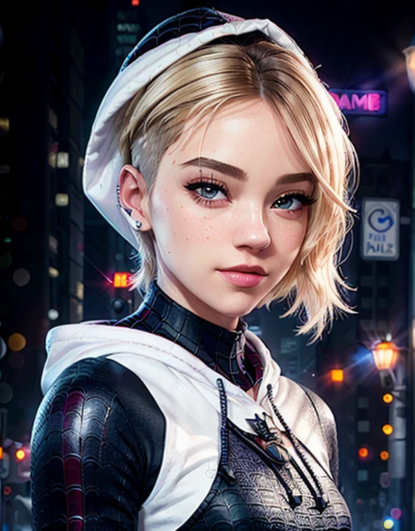 (masterpiece), ((best quality)), parted lips, light_smile, cinematic lighting, ultra-realistic, ((realistic)), (gwen_stacy), blonde_hair, short_hair, solo, sidecut, asymmetrical_hair, parted_lips, eyebrow_piercing, (detailed face), beautiful 1girl, 1girl, looking at viewer, (beautiful detailed eyes), bodysuit, spider-suit, white hoodie, hood_down, portrait, upper_body, (side of head shaved), (small breasts)