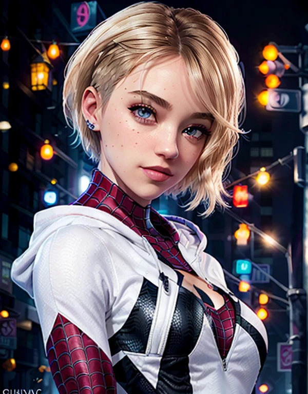 (masterpiece), ((best quality)), parted lips, light_smile, cinematic lighting, ultra-realistic, ((realistic)), (gwen_stacy), blonde_hair, short_hair, solo, sidecut, asymmetrical_hair, parted_lips, eyebrow_piercing, (detailed face), beautiful 1girl, 1girl, looking at viewer, (beautiful detailed eyes), bodysuit, spider-suit, white hoodie, hood_down, portrait, upper_body, (side of head shaved), (small breasts)