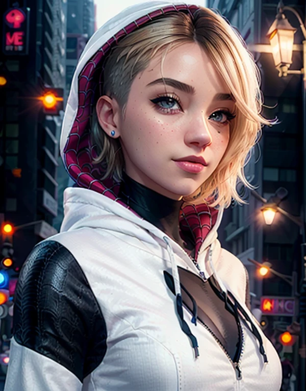 (masterpiece), ((best quality)), parted lips, light_smile, cinematic lighting, ultra-realistic, ((realistic)), (gwen_stacy), blonde_hair, short_hair, solo, sidecut, asymmetrical_hair, parted_lips, eyebrow_piercing, (detailed face), beautiful 1girl, 1girl, looking at viewer, (beautiful detailed eyes), bodysuit, spider-suit, white hoodie, hood_down, portrait, upper_body, (side of head shaved), (small breasts)