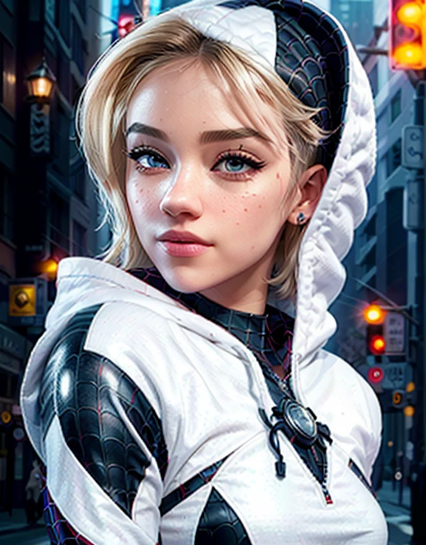 (masterpiece), ((best quality)), parted lips, light_smile, cinematic lighting, ultra-realistic, ((realistic)), (gwen_stacy), blonde_hair, short_hair, solo, sidecut, asymmetrical_hair, parted_lips, eyebrow_piercing, (detailed face), beautiful 1girl, 1girl, looking at viewer, (beautiful detailed eyes), bodysuit, spider-suit, white hoodie, hood_down, portrait, upper_body, (side of head shaved), (small breasts)