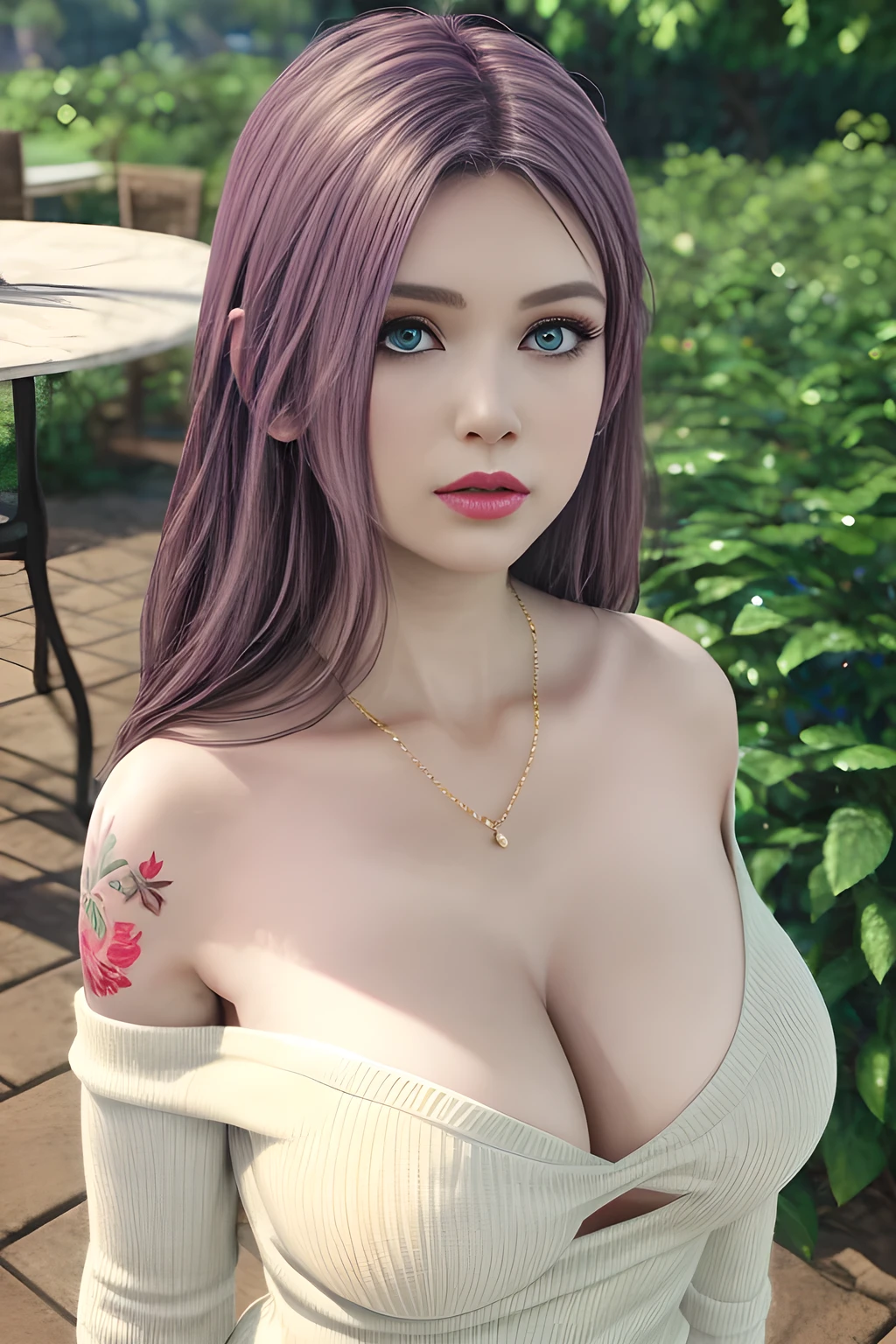 1girl, in a garden, white knit dress, appealing cleavage,( beautiful tattoo:1.2), overhead view, beautiful detailed eyes, beautiful detailed lips, extremely detailed eyes and face, long eyelashes, greenery around, blooming flowers, bright sunlight, shady trees, outdoor setting, feminine charm, detailed texture, snug fit, fashionable, soft fabric, radiant skin, (best quality,4k,8k,highres,masterpiece:1.2), ultra-detailed, (realistic,photorealistic,photo-realistic:1.37), elise,