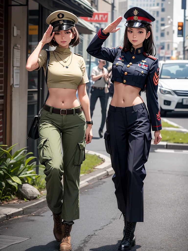 Women in crop top soldier uniform, soldier hat, military Shirt brooch, exposed abdomen area, very low waist cargo pants, navel, military salute,