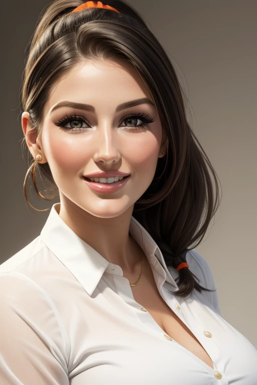 lucy pinder, face portrait, smiling, black hair, ponytail, orange lipstick, white blouse