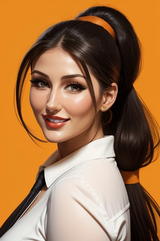 lucy pinder, face portrait, smiling, black hair, ponytail, orange lipstick, white blouse