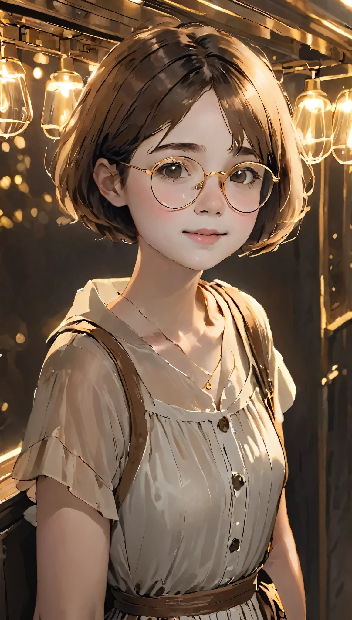 Short Hair Girl，Gold wire glasses，There is a mole on the right corner of the mouth，Adorable，Air Van，Brown dress with white trim