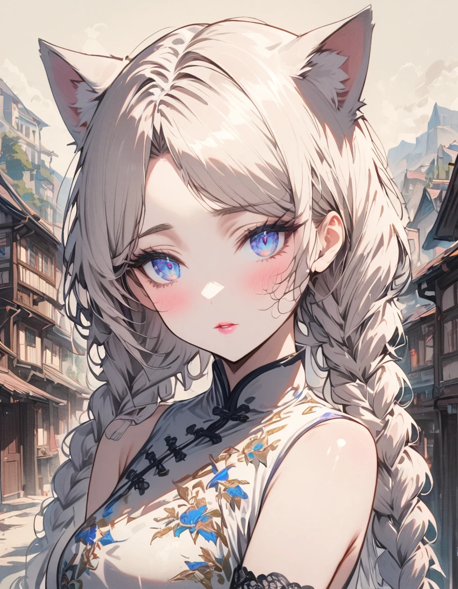 SFW, masterpeice, highres, 1 Girl, solo, looking at the viewer, white long hair, braided hair, braids, cat ears, blue pupils, detailed eyes, detailed face, blushing, light pink lips, fishnet stockings, calm, intellectuals, three bangs, white short dress, lace gloves, village, mountains in the background
