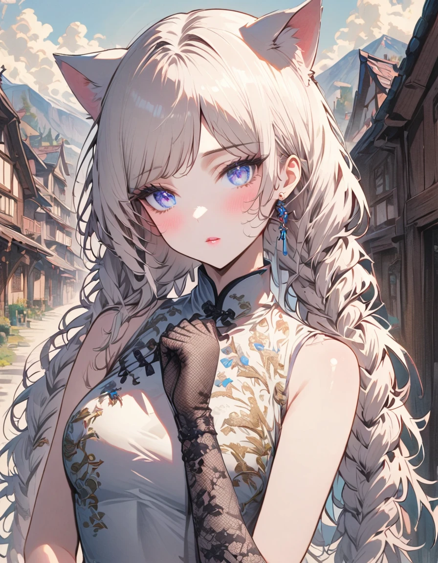 SFW, masterpeice, highres, 1 Girl, solo, looking at the viewer, white long hair, braided hair, braids, cat ears, blue pupils, detailed eyes, detailed face, blushing, light pink lips, fishnet stockings, calm, intellectuals, three bangs, white short dress, lace gloves, village, mountains in the background