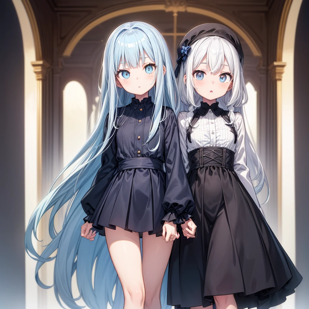 (hlfcol haired girl with color1 and color2 hair)、Straight Long Hair、((White Hair、Light blue hair: 1.Divide into 5))、highest quality、Masterpiece、Official Art、8K、The best composition、Frontal composition facing the viewer、Ultra detailed blue eye、Cowboy Shot、