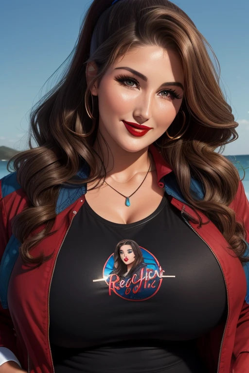 Lucy Pinder, Face portrait, face, neckline, ((red lipstick)), smiling, wavy hair, brown hair, ponytail, ((blue t-shirt)), ((black jacket)), necklace, very chubby woman