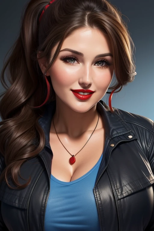 Lucy Pinder, Face portrait, face, neckline, ((red lipstick)), smiling, wavy hair, brown hair, ponytail, ((blue t-shirt)), ((black jacket)), necklace, very chubby woman
