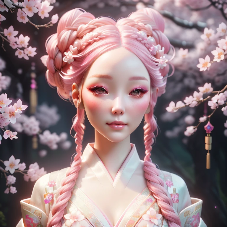 Porcelain woman with, pink hair with braids, lots of Cherry blossoms on her head, white skin with heavy makeup extremely ghostly white, in kimono, psychedelic background, soft, dreamlike, surrealism, intricate details, 3D rendering, octane rendering. Nicoletta Ceccoli style.