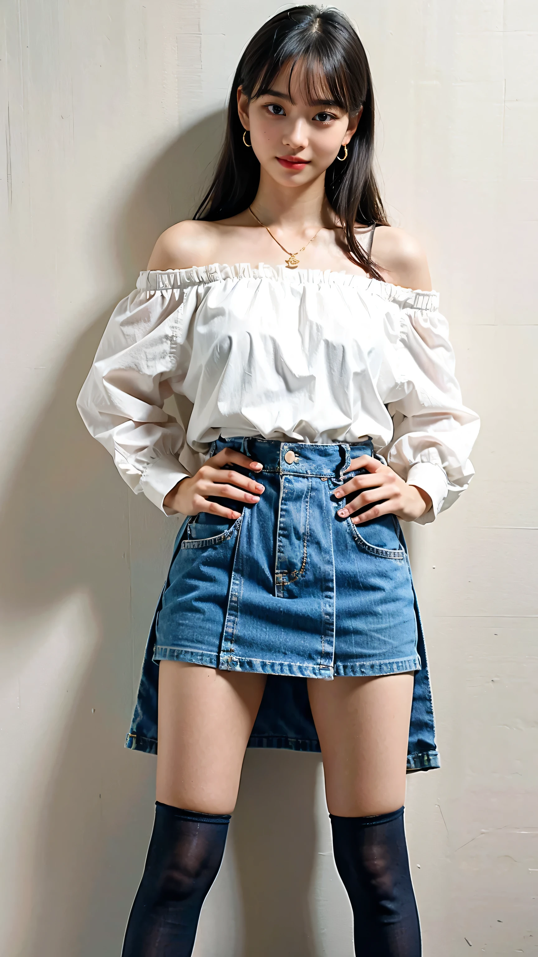 (8k、RAW Photos、highest quality、masterpiece:1.2)、(Realistic、Realistic)、1 girl、((Blue mini skirt、Off the shoulder、See-through、Gold Bracelet、Gold Jewelry、Semi-long hair、smile、Knee socks、Standing with hands on hips))、Lots of eyelashes、Glowing eyelids、skeletally correct