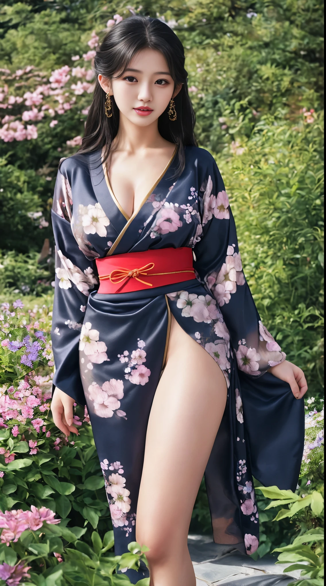 最high quality、high quality、Best image quality、8k、最High resolution、High resolution、最high quality、masterpiece、RAW Photos、whole body写真、Detailed and realistic human body、Detailed and realistic skin、Realistic face in every detail、Detailed and realistic eyes、Detailed and realistic lips、Detailed and realistic teeth、Detailed and realistic ears、Detailed and realistic hair、Realistic reproduction of every detail、((Beautiful Hands(thumb1、reference4))、Realistic feet down to the last detail、((Beautiful Japanese Girl))、(Japanese Model)、((18 year old beautiful girl))、(Black Hair)、(Random Hairstyles)、((whole body))、((Slim and perfect figure))、(Beautiful and firm breasts)、(whole body光沢肌、Fair skin)、Soft natural light、China dress、kimono、Ninja costume、Japanese tradition、Japanese garden、((Colorful see-through(Floral Ninja Costume))、((Relax in the garden(Make your thighs look beautiful))