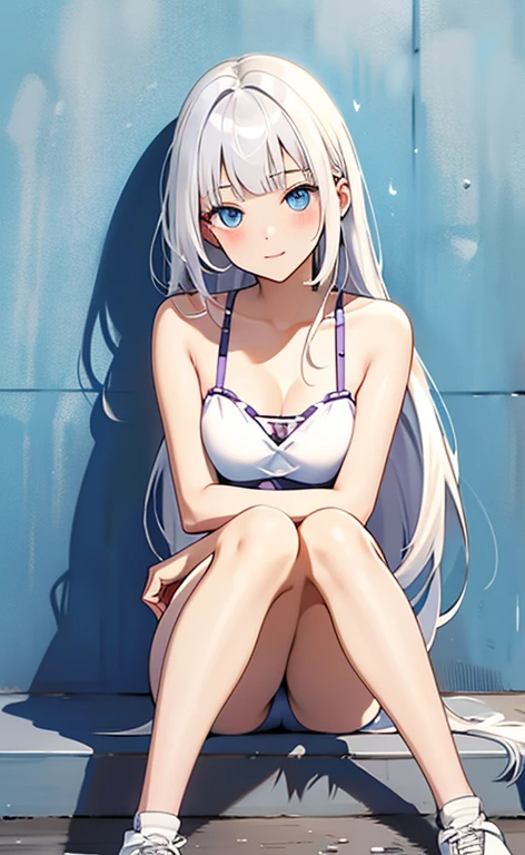 (masterpiece:1.4、top-quality、illustration:,realistic、)、(character focus、,full body:1.3)、(1girl),(light smile:1.3),(),cute face,blue eyes、(tareme:1.3)、((sitting legs up:1.5),
(),(sitting,lean against the wall:1.4),、
(white hair),(long hair:1.5)、
,(her room:1.3),(Room wear:1.5),
(blunt bangs),(sidelocks:1.3), (small breasts:1.2)、
、slender、
