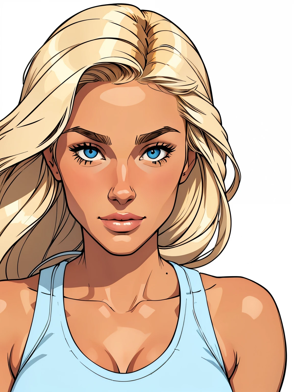 Flat colors, close up, Portrait of a 25 year old surfer looking girl, tan skin, beach blonde salty hair, natural beaty, beautiful, casual, blue Tank- top, Cleavage, (([Simply white Background]))