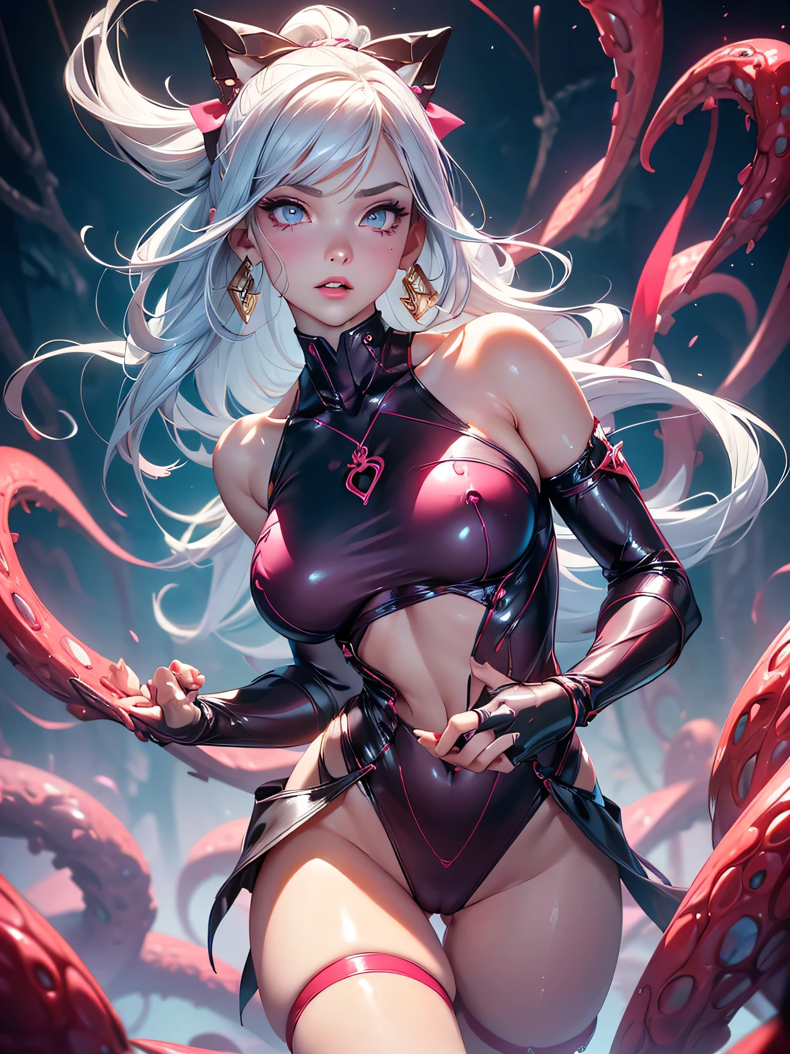 nsfw,Master piece,best quality,ultra-detailed,high resolution,octane render,ultra hires,cute and beautiful girl,vndvalkyrie,(1 girl),,beautiful face,seductive young girl,female focus,full body,(perfect body),cool,kawaii,the girl exudes confidence and elegance,Her pose and expression convey a sense of empowerment and strength.(Two-toned hair with pink and light blue tips),long hair,shining glossy hair;1.4,neat hairstyle,white hair ribbon,She has long eyelashes that add to her captivating appearance,The girl's hair is styled in a sleek and sophisticated,(wide eyes:1.4,big green eyes,enchanting bright eyes studded with gold and silver dust,(finely detailed beautiful eyes),wet crystal eyes),light Red eyeshadow,highly detailed face and hair,pale eyes,a well-defined nose,pinky skin,glowing and smooth skin,faint lips,(plump lips),seductive and confident smile,lying,on back,fist in hand,fist bump,open mouth,pointy breasts,(very puffy soft breasts),bare shoulders,{((hands with perfect five fingers, two beautiful perfectly shaped arms and legs, perfect anatomy: 1.3))},((dark purple cyber suit with micro skirt,skimpy,gold accents)),((see through)),naked breasts,holding skirt hem with both hands,craftsmanship embroidery,midriff peek,pussy,bottomless,(aroused),open legs,girl trembling with sexual climax,allure pose,(cum on breast),(cum on clothes),((pussy cum)),showing her vagina,(sex),(tentacle_pit),(tentacle sex), consensual tentacles,red tentacle,garter belt,Torn Stockings,black Choker with chains,bracelet with chains,silver earrings,gold hair ornament,red corsage,Blushing face,emphasizing her facial expression and beautiful body lines,dynamic angle,striking angle,from below,sweat,perspired,steam,wet,fantasy,in cave with tentacles,creating a visually stunning effect,adding to the overall appeal,psychedelic,