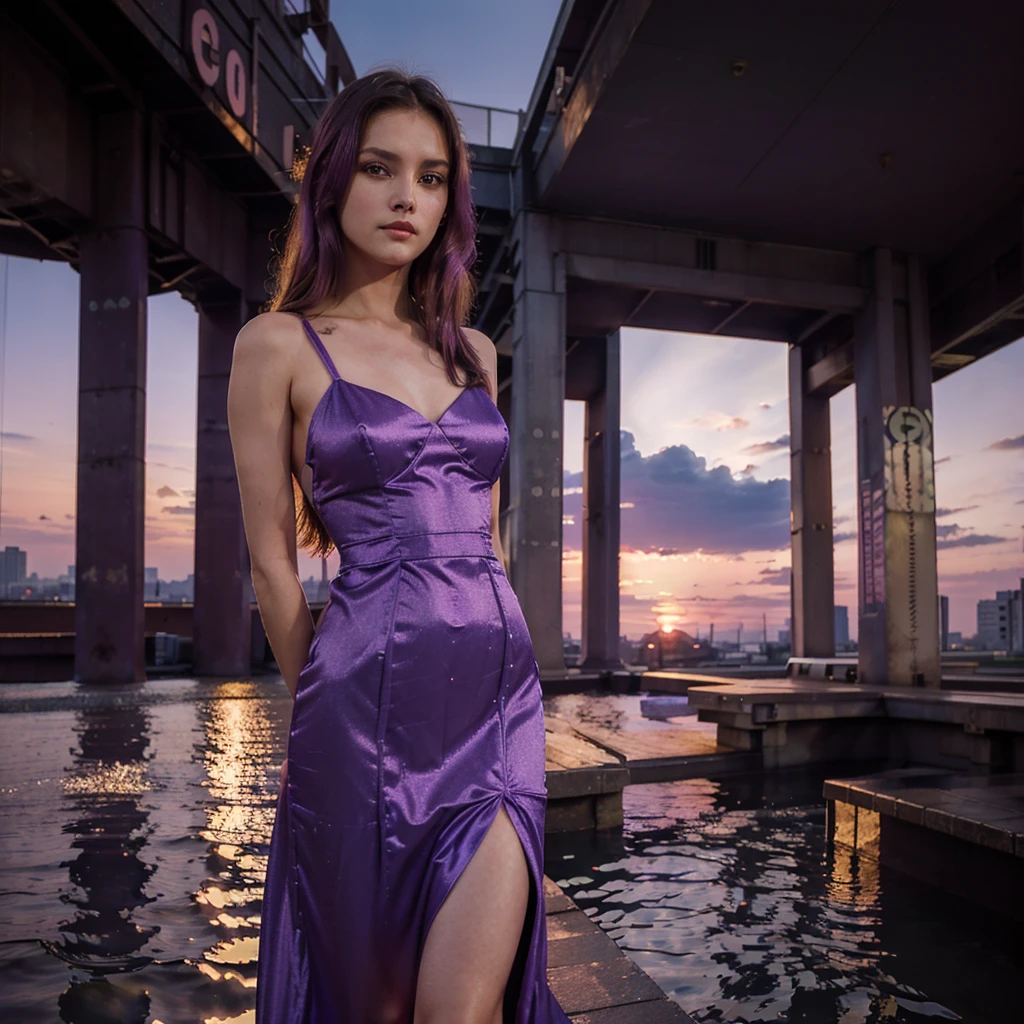 Female supermodel. Takeshit Dori, Tokyo. Pastel purple evening dress. Sunset