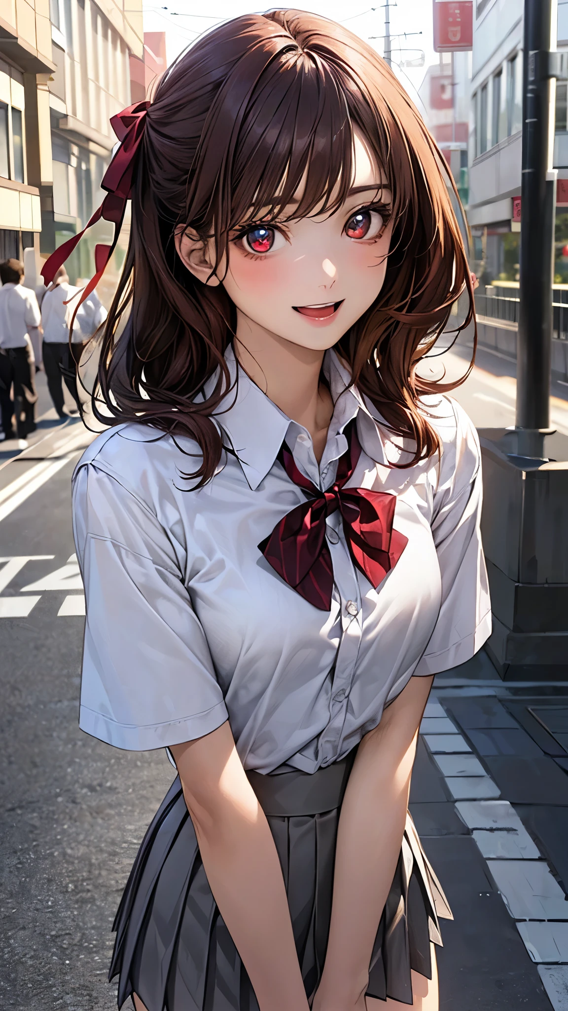 (masterpiece:1.2, top-quality), (realistic, photorealistic:1.4), beautiful illustration, (natural side lighting, movie lighting), nsfw,
looking at viewer, (face focus, upper body), 1 girl, japanese, high school girl, perfect face, cute and symmetrical face, shiny skin,
(middle hair:1.5, (one side up), sandy beige hair), swept bangs, dark red eyes, big eyes, drooping eyes, long eye lasher, (medium breasts), slender, dark red hair ribbon,
beautiful hair, beautiful face, beautiful detailed eyes, beautiful clavicle, beautiful body, beautiful chest, beautiful thigh, beautiful legs, beautiful fingers,
((white collared shirts, grey pleated mini skirt), dark red bow tie), dark red hair ribbon, grey school bug,
(beautiful scenery), evening, (street:1.2), walking, {hands between legs | hands on chest}, (lovely smile, open mouth small),