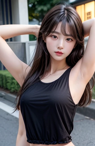 woman, long hair, white skin, korean, double eyelids, black oversized tank top, normal breast, beautiful eyes, armpit, two arms behind head, brown eyes, daylitght, in the street facing forward, high detail, 8k, high quality, HD, highres, UHD, detailed face, posing on camera, eyes looked at one of the armpit