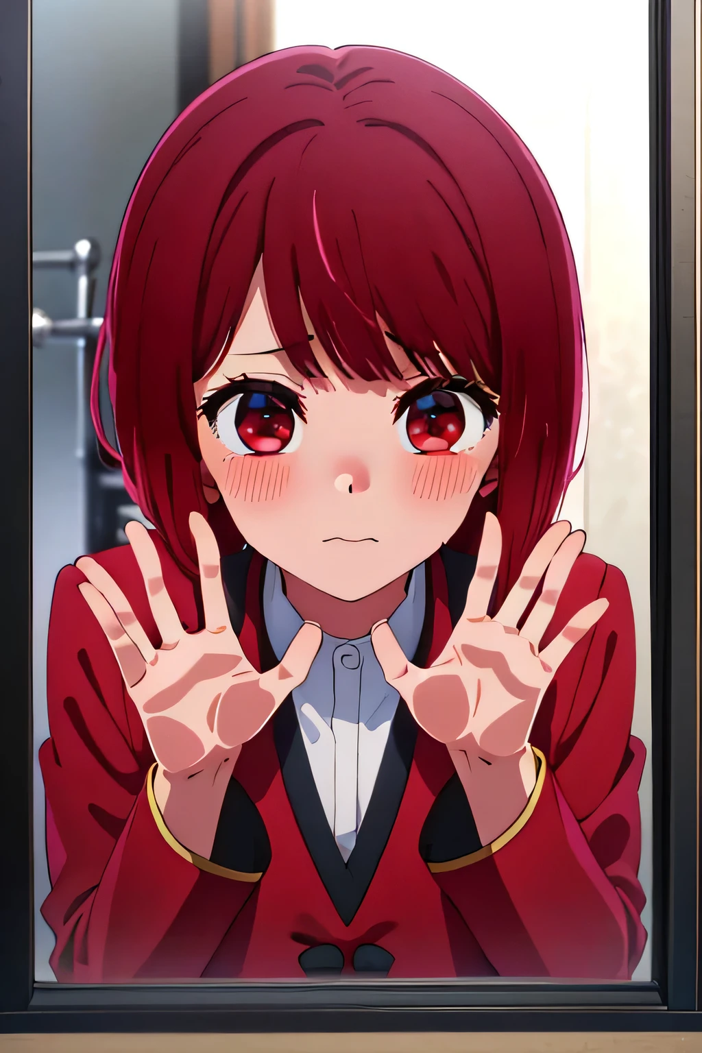 One girl, Masterpiece、Masterpiece、Close your mouth、Red hair、uniform、Bathroom、Hands on the glass、Close-up of face、Beautiful Skin、palm, High resolution, highest quality, 8k,Normal size breasts,tears,blush