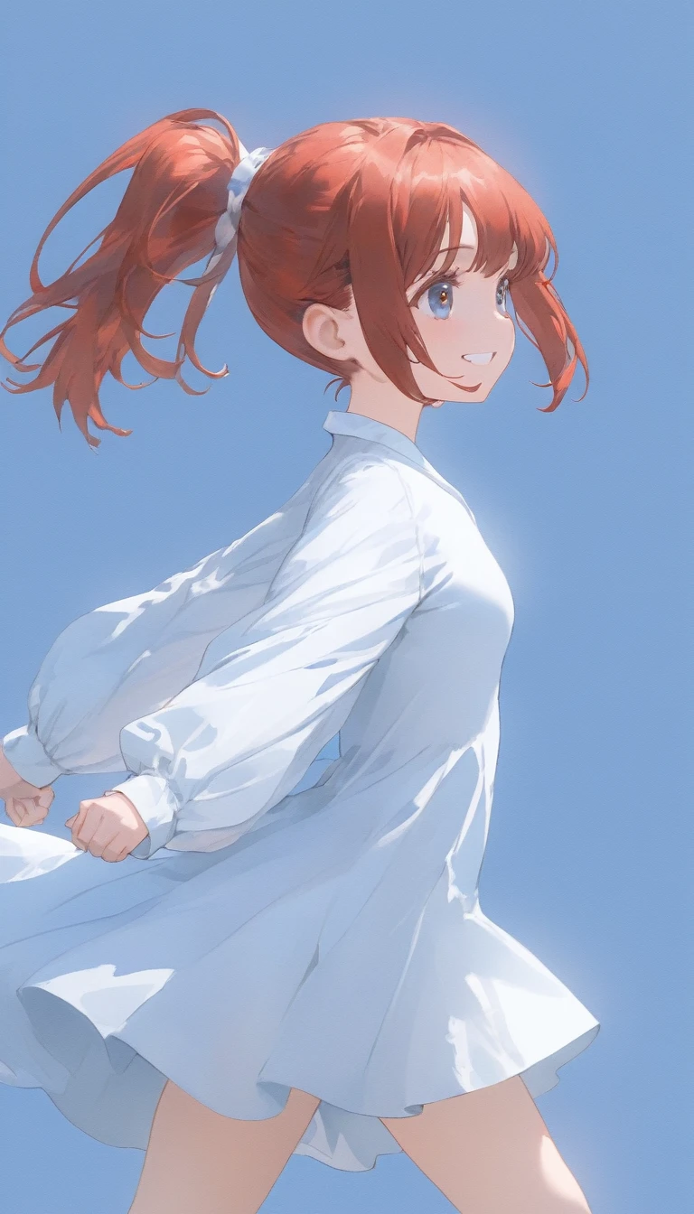 (best quarity,ultra detailed,ultra-high-resolution, absolutely resolution,8k, masterpiece),simple and flat background, light blue theme, very-cute-and-beautiful-anime-girl,extremely-detailed-face-and-eyes,(swinging-one's-arms greatly while walking:1.2), (from side:1.2), red hair, wavy short hair, ponytail, grin, outlines,