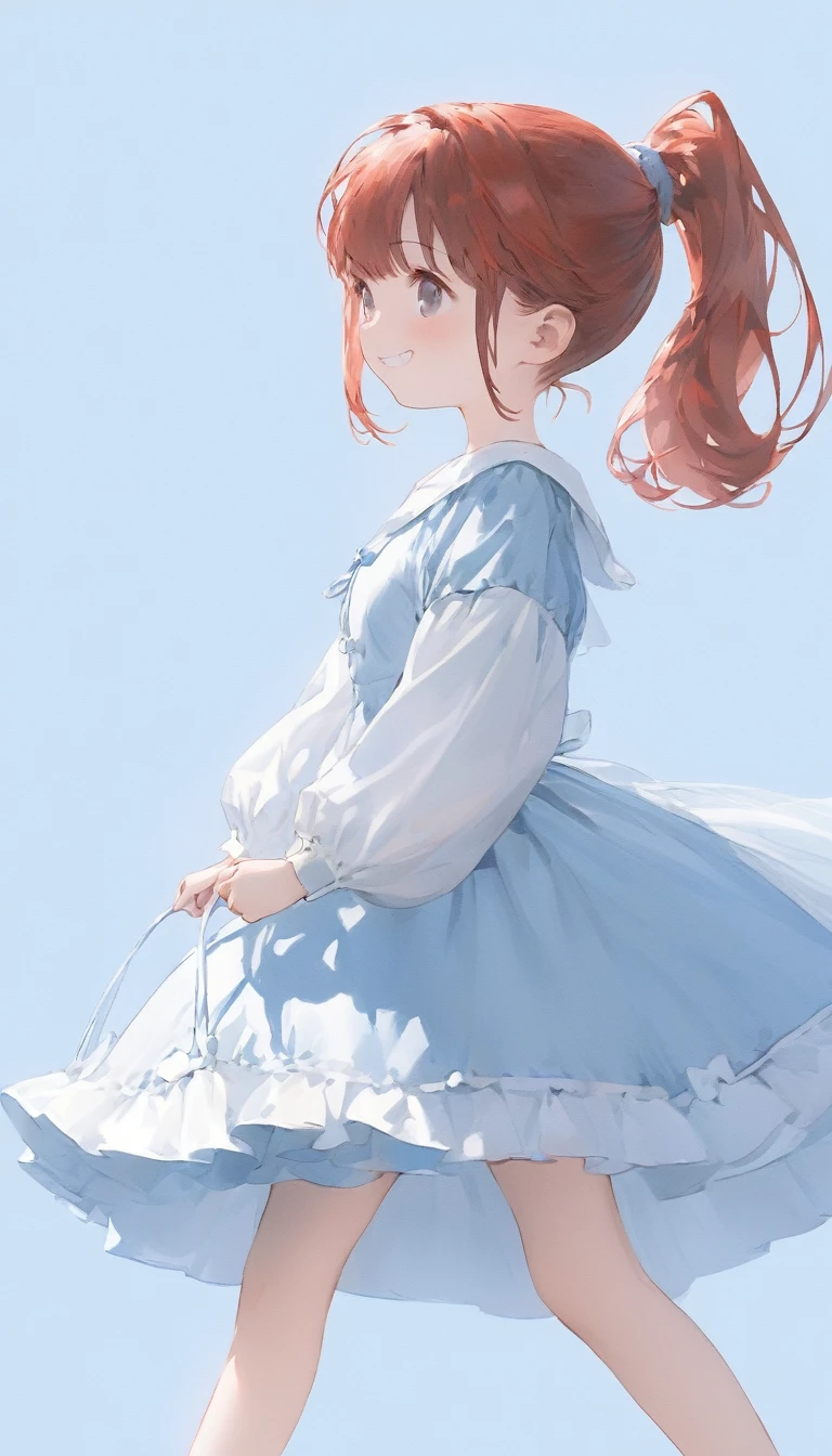 (best quarity,ultra detailed,ultra-high-resolution, absolutely resolution,8k, masterpiece),simple and flat background, light blue theme, very-cute-and-beautiful-anime-girl,extremely-detailed-face-and-eyes,(swinging-one's-arms greatly while walking:1.2), (from side:1.2), red hair, wavy short hair, ponytail, grin, outlines,