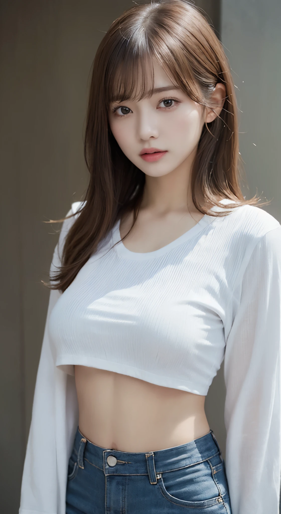 (highest quality), (Ultra-detailed), (Lift up your shirt、Underboob:1.3), (Detailed light), (Very delicate and beautiful、、Jacket、White T-shirt:1.3), 1. Young Girl, Brown Hair, Brown eyes, model, highest quality, Highly detailed CG synthesis 8k wallpaper, High-definition RAW color photos, bright、Sexy pose、(Are thin:1.4)、Slightly 、Beautiful breasthort hair、((Naughty pose、I can see your thighs))、Cowboy Shot